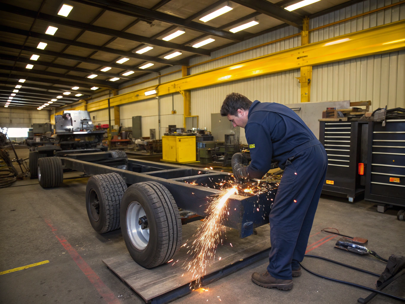 Technician performing precision frame alignment on a damaged vehicle