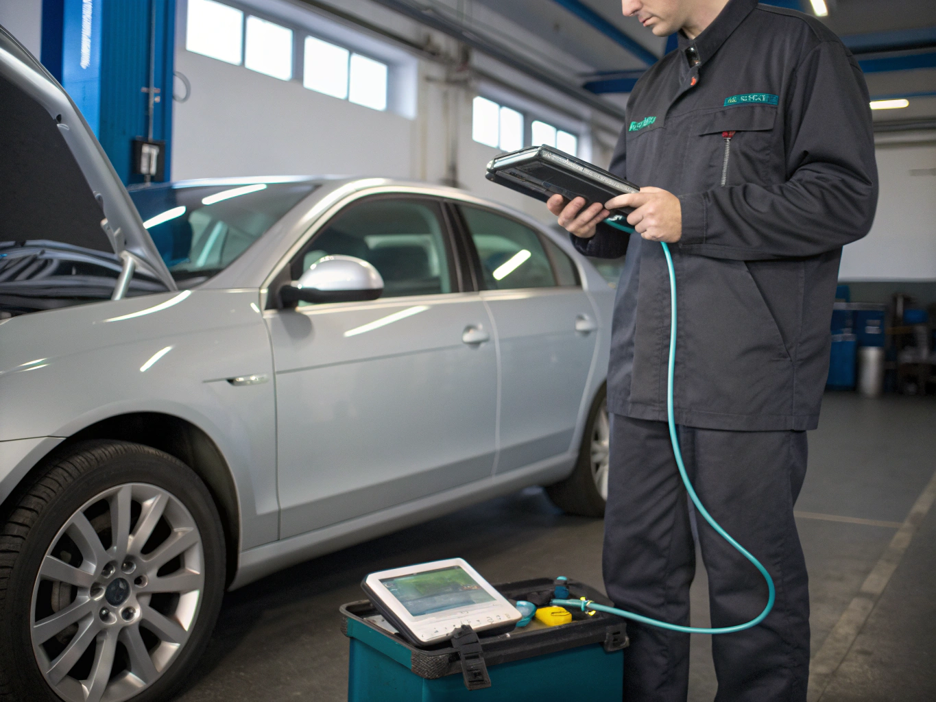 Technician using diagnostic computer on a modern vehicle
